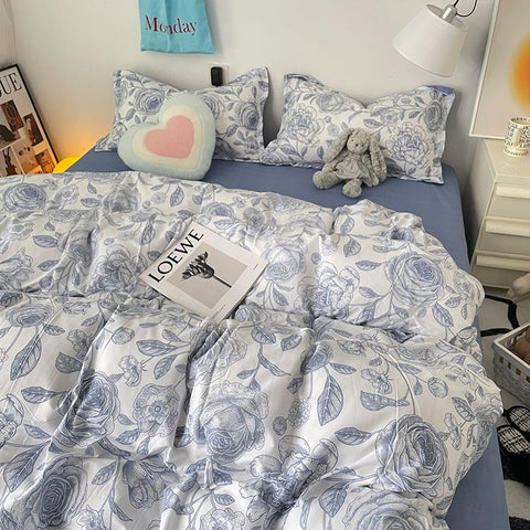 Sonicelife Floral Blue Duvet Cover Set Flat Sheet Pillowcase No Filler Fashion New Single Full Size Girls Boys Dormitory Home Bedding Kit