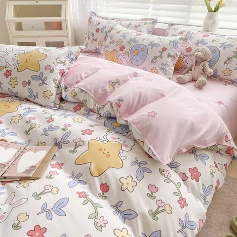 Sonicelife Flowers Rabbit Bedding Set Ins No Filler Single Queen Size Duvet Cover Flat Sheet Pillowcase Girls Boys New Comforter Duvet