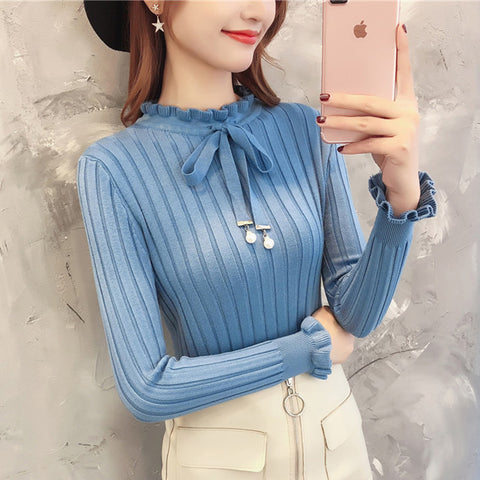 Sonicelife Women Ruffles Sweet Sweaters Korean Fashion Lace Up Slim Knitted Pullovers Autumn Long Sleeve Simple Solid Elegant Jumpers