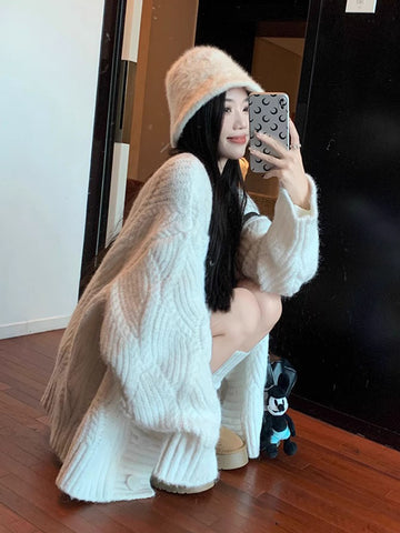 Sonicelife Lazy Wind Streetwear Cardigan Sweaters Women Oversize Long Sleeve Vintage Knitted Coat Fall Loose Korean Casual V Neck Tops