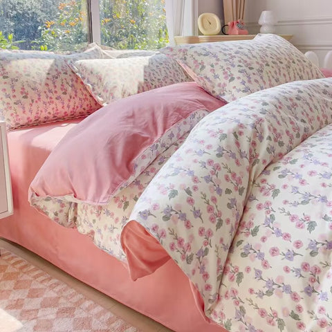 Sonicelife Korean Pink Rose Duvet Cover Set Soft Green Flat Sheet Quilt Cover Pillowcase Bed Linen Twin Queen Full Size Floral Bedding Set