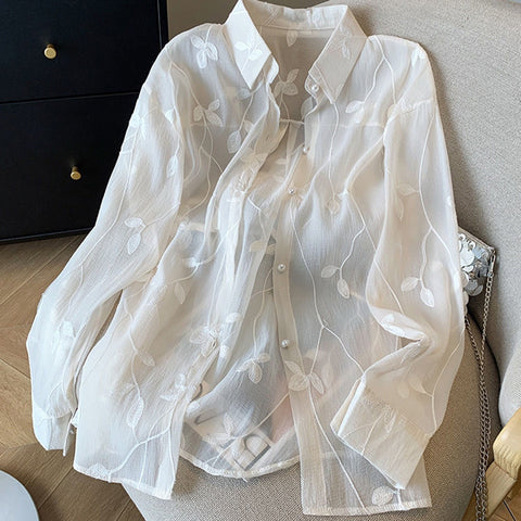 Sonicelife Elegant Sun Proof White Shirt Women Long Sleeve Embroidery Blouse Loose Korean Fashion Design Female Oversize Thin Tops New