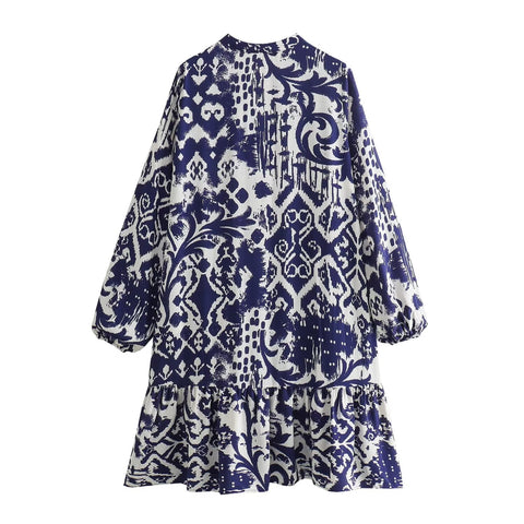 Sonicelife Women's Long Sleeve Single Breasted Mini Dress, Printed V-Neck, Slimming and Cute, Versatile, New