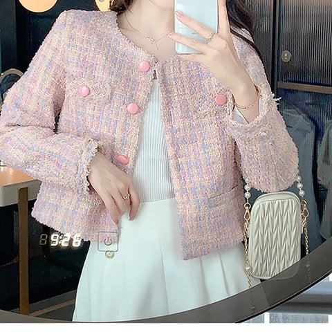 Sonicelife Autumn Winter Women Elegant Jacket Pink Tweed Buttons Up Cardigan Coat Female Long Sleeve Tassel Office Outerwear