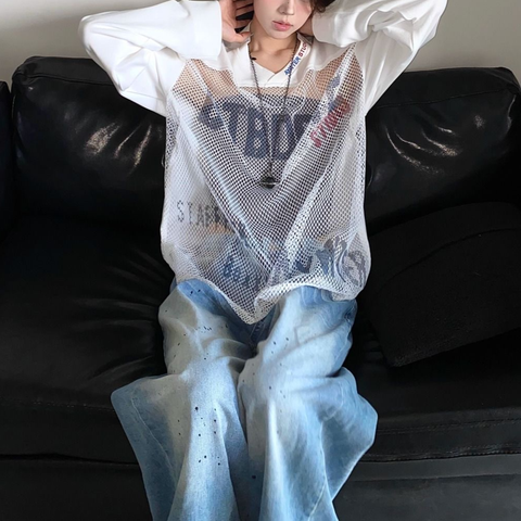 Sonicelife Summer American Loose Splicing See Through Jersey Letter T Shirt Women Street Fashion Slim Hip Hop Y2K Sun Protection Design Top