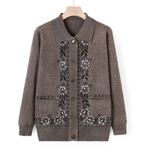 christmas outfit Sonicelife New Middle Aged Elderly Mother Woolen Coat Lapel Collar Women Spring Autumn Knitted Cardigan Sweater Female Knitwear Jacket