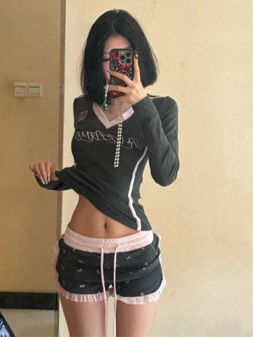 Sonicelife American Vintage Spice Girl 2 Piece Set Women Sexy V-neck Long Sleeve Slim Tops + Y2k High Waist Shorts Sweet Sprots Suits 2025