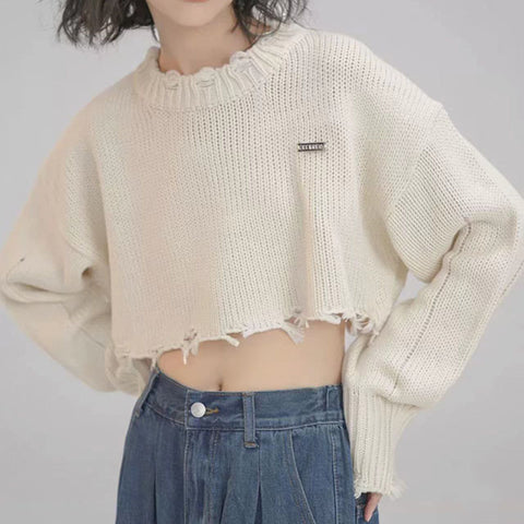 Black Friday Sonicelife Y2K Ripped Knitted Crop Sweater Women Autumn Fashion Long Sleeve Tassel Pullover Korean Loose Streetwear Hollow Out Chic Jumper