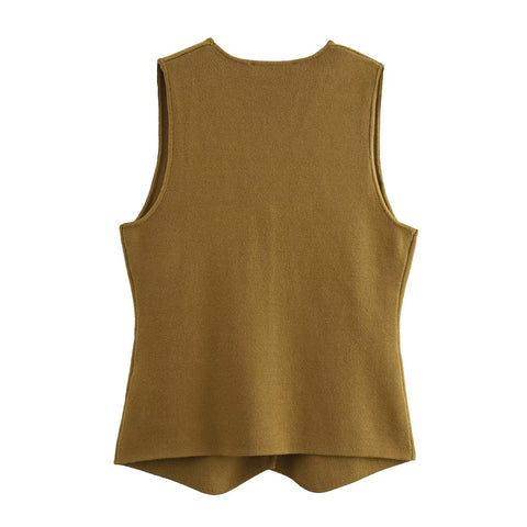 Sonicelife Women's V-Neck Knitted Waistcoat Sleeveless Vest Casual Top Metal Buckle Pocket Commuter Temperament New Style