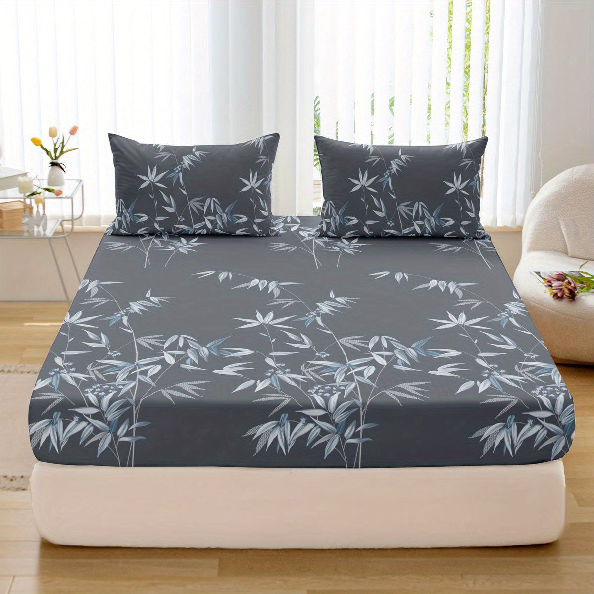 Sonicelife 3pcs Soft & Breathable Plant Printed Fitted Sheet Set - Luxurious Bedding for a Comfortable Sleeping Experience in Bed Sheet Set