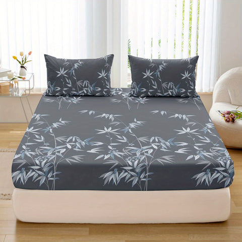 Sonicelife 3pcs Soft & Breathable Plant Printed Fitted Sheet Set - Luxurious Bedding for a Comfortable Sleeping Experience in Bed Sheet Set
