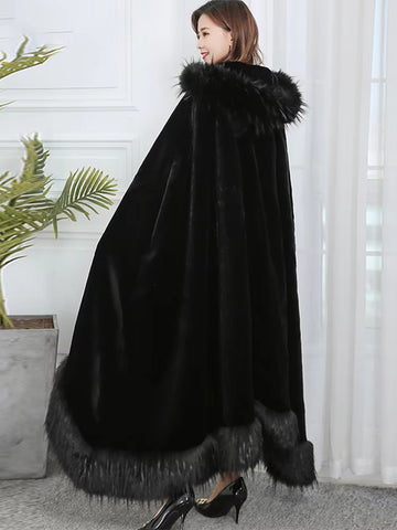 christmas outfit Sonicelife Winter Elegant Luxury Extra Long Oversized Thick Warm Black Faux Fur Cloak Poncho Coat Women with Fake Fox Fur Trim