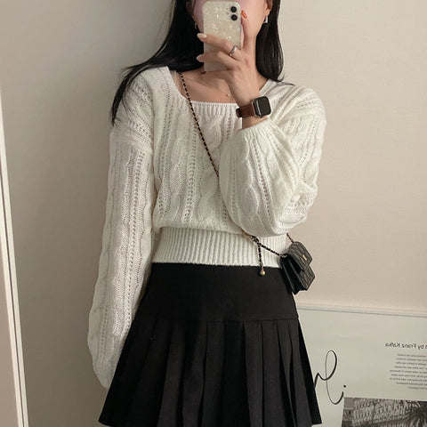 Sonicelife Korean Lantern Sleeve White Sweaters Women Sweet Casual Loose Knitted Pullovers Vintage Square Collar Lady Cute Design Tops