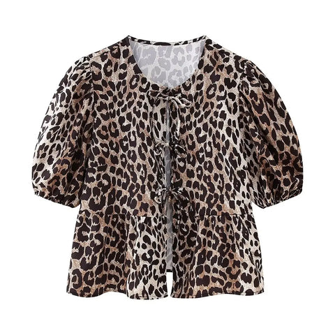 Sonicelife Leopard Shirt Summer Crop Top Puff Sleeve Blouse With Lace-up Closing New Women's Clothing