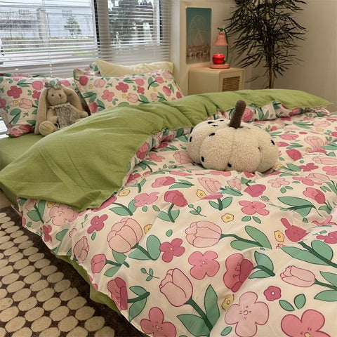 Sonicelife Pastoral Floral Rose Bedding Sets Flat Bed Sheet Duvet Cover Single Double Full Queen King Bedclothes Ins Pure Bedroom Linen