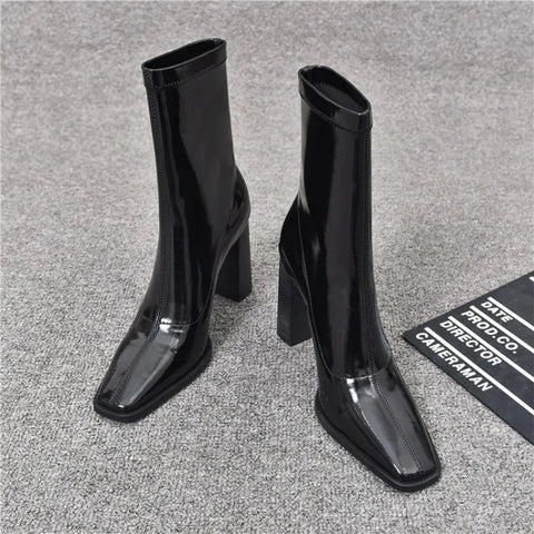 Sonicelife Brand Women Shoes 2024 New Black Patent Leather Fashion Square Toe Women's Boots Comfor Thick Heel Ladies High Heel Ankle Boots