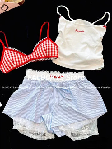 Sonicelife Summer Sweet Lace Slim 4 Piece Set Women Fashion Y2k Elastic V Neck Sling Plaid Tops Female + Elastic Waist Bow Short Pants 2025