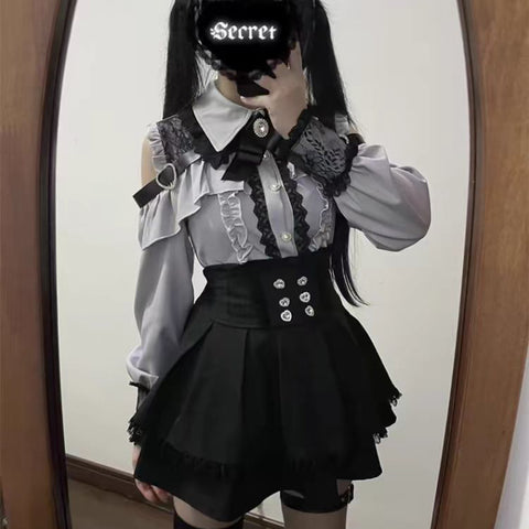 Sonicelife Japanese Black Short Skirt Set Women Sexy Lace Off Shoulder Lolita Shirt Gown Gothic Ruffles Mini Skirts Y2K Aesthetic Suit