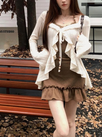 Sonicelife 2025 New Elegant Y2k Two Piece Sets American Retro Slim Fit Camisole Dress for Women+ Ruffles Long Sleeve Knitted Cardigan Chic