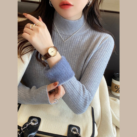 Black Friday Sonicelife Korean Solid Plush Turtleneck Sweaters Women Casual Slim Fit Thick Pullover Sweater Female Winter Fashion Warm Simple Tops