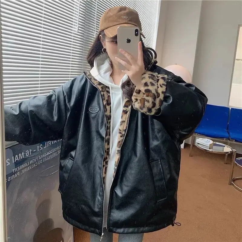 thanksgiving outfit Sonicelife Double-Sided Wear Leopard Slippers Thickened Plush Jacket Women's Winter New Style Hong Kong Flavor Vintage PU Leather Cotton-Pa