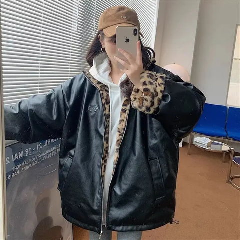 thanksgiving outfit Sonicelife Double-Sided Wear Leopard Slippers Thickened Plush Jacket Women's Winter New Style Hong Kong Flavor Vintage PU Leather Cotton-Pa