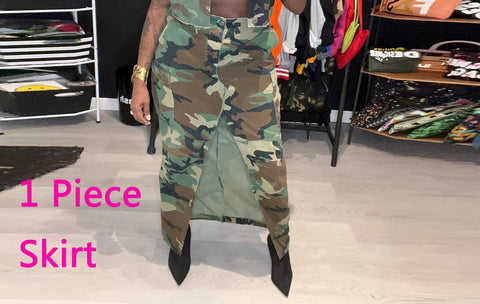 Sonicelife Women 2 Piece Camouflage Shirts Skirts Sets Single breasted Ruffles Crop Shirts Camo Cargo Pocket Long Skirts Two Piece Outfits