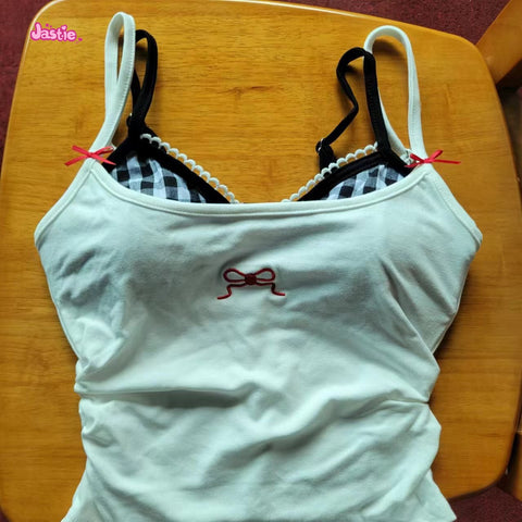 Sonicelife Bow Embroidery White Sweet Women Camis With Plaid Bras Cotton Blend Chic Spicy Girls Y2K Tank Tops Tight Sexy Two Piece Crop Top