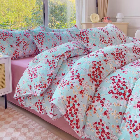 Sonicelife Korean Pink Rose Duvet Cover Set Soft Green Flat Sheet Quilt Cover Pillowcase Bed Linen Twin Queen Full Size Floral Bedding Set