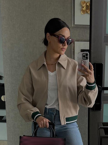 Sonicelife Loose Zipper Bomber Jackets Women Fashion Contrast Lapel Long Sleeve Pockets Female Short Coats 2024 Autumn Lady Casual Outwear