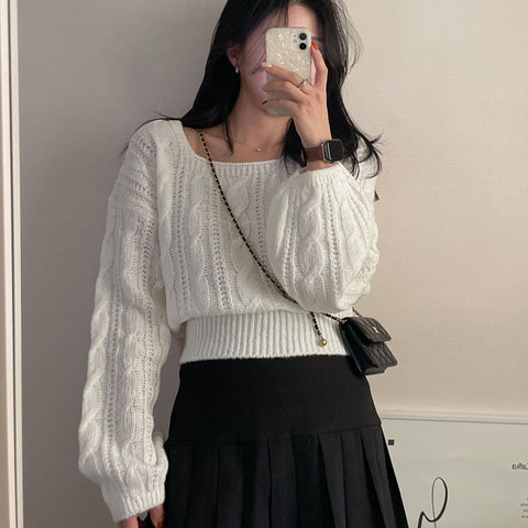 Sonicelife Korean Lantern Sleeve White Sweaters Women Sweet Casual Loose Knitted Pullovers Vintage Square Collar Lady Cute Design Tops