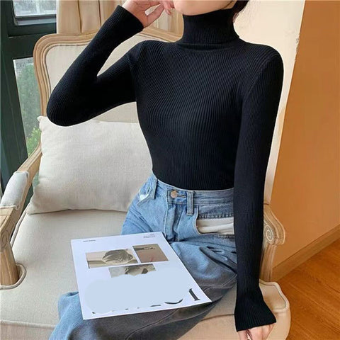 Sonicelife Simple Turtleneck Sweater Women Winter Basic Elastic Slim Knit Jumper Ladies Fall Long Sleeve Female Pullover Top New