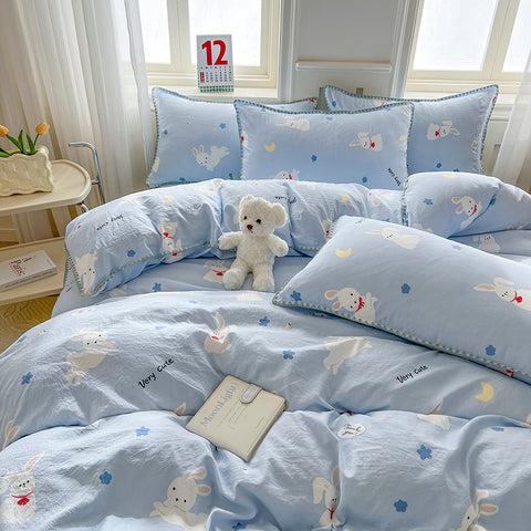 Sonicelife Kawaii Rabbit Bedding Set Bed Flat Sheet Pillowcase Twin Full Queen Cartoon Bed Linen Kids Girls Duvet Cover Set No Filler