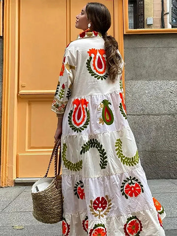 Sonicelife Loose Print Ruffles Long Dress Women Fashion Lapel Single Breasted Long Sleeve Female Dresses 2024 Summer Lady Holiday Robes New