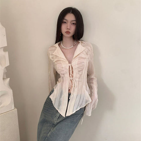 Sonicelife Sexy Lace Up Women Blouse Long Sleeve Spring New Turn-Down Collar Shirt White Y2K Korean Fashion Ladies Tops