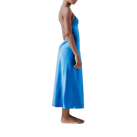 Sonicelife Women's New Printed V-Neck Hanging Neck Long Dress Silk Satin Texture Open Back Sexy Underwear Dress
