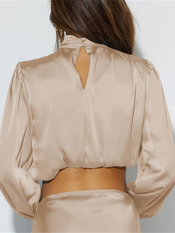 Sonicelife-Women Satin Blouses Dressy Cowl Neck Long Sleeve Crop Tops