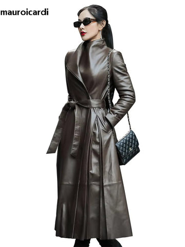 christmas outfit Sonicelife Spring Long Black Soft Skirted Pu Leather Trench Coat for Women Sashes  Elegant Luxury Plus Size Clothes 5xl 6xl 7xl