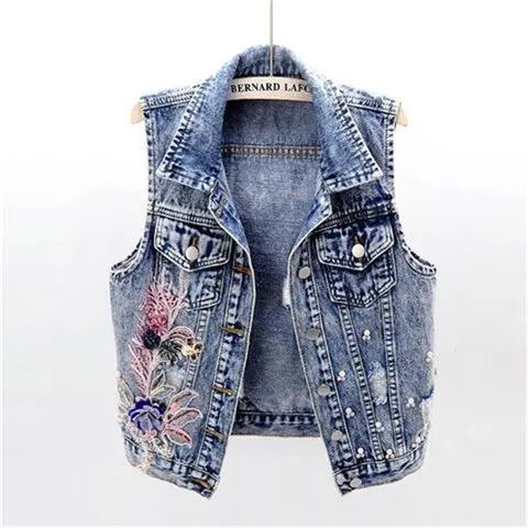 Sonicelife 2025 Denim Women Vest Pearl Fashion Ripped Autumn Jeans Jacket Sleeveless Loose Short Coat Streetwear Beaded Flower Denim Vest