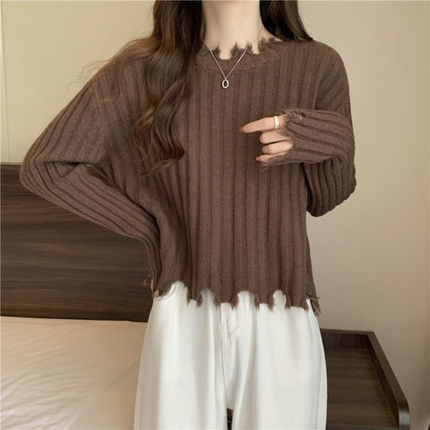 Sonicelife Design Retro Japan Sweaters Women Casual Long Sleeve Irregular Knitted Pullovers Fall Sweet Loose Elegant Apricot Jumpers
