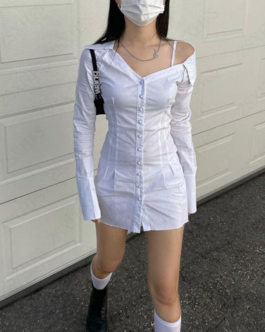 Sonicelife Korea Y2k Crop Tops White Long sleeves Slanted shoulder Aesthetic T shirt Kawaii Sweet Girl Streetwear Women Clothing Grunge Top