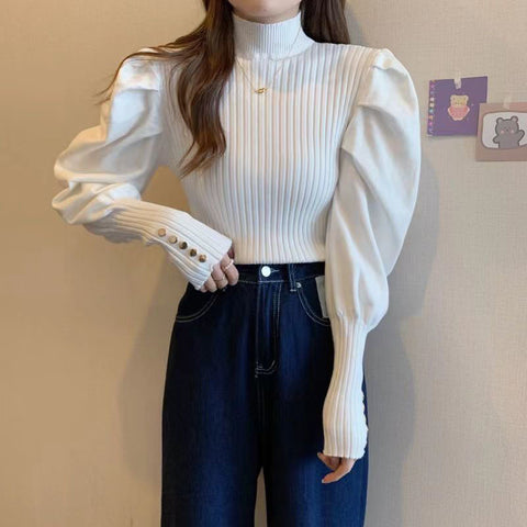 Sonicelife Fashion Puff Sleeve Sweaters Women Sweet Long Sleeve Korean Knitted Pullovers Casual Mock Neck Female Fall Apricot Jumpers