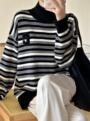 christmas outfit Sonicelife Long Sleeves Loose Contrast Color Split-Joint Striped High Neck Pullovers Sweater Tops