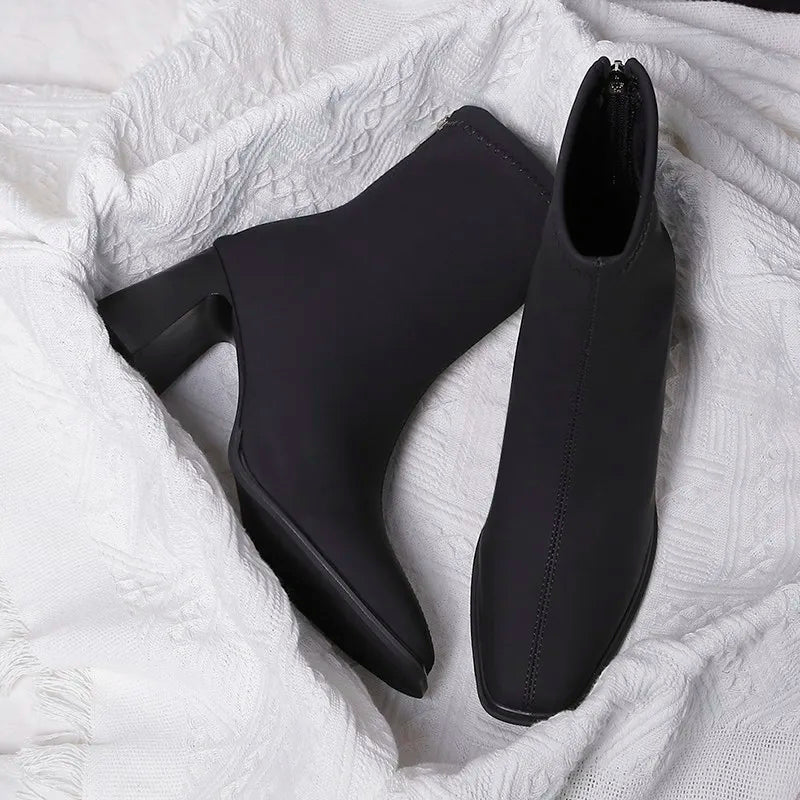 Sonicelife 2025  New Autumn Winter Ankle Women High Heel Boots Fashion Thick Short  Square  Black