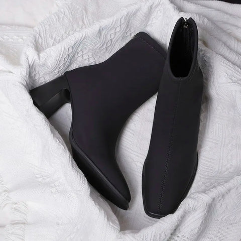 Sonicelife 2025  New Autumn Winter Ankle Women High Heel Boots Fashion Thick Short  Square  Black