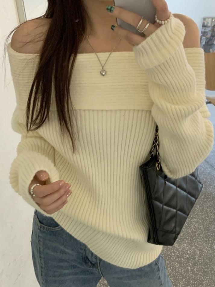 Sonicelife Solid Off Shoulder Knit Sweater