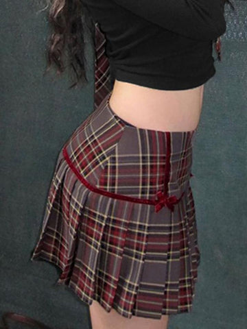 Sonicelife-Low Rise Plaid Bow Accent Mini Pleat Skirt