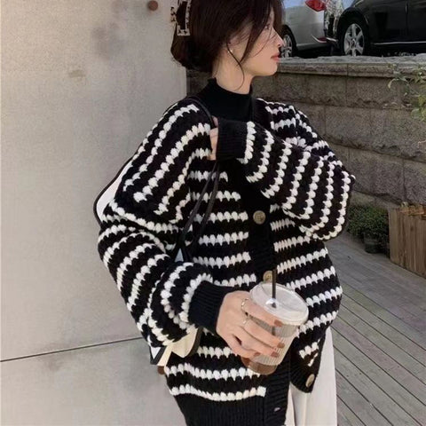 Black Friday Sonicelife Striped Knit Cardigan Women Black White Patchwork Fall Winter Warm Button Sweater Fashion Elegant Loose Chic Twist Coat