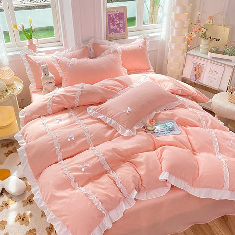 Sonicelife Kawaii Korean Bedding Sets No Filling Ins Princess Style Lace Bow Duvet Cover Fitted Sheet Girl Woman Home Bedroom Bed Linens