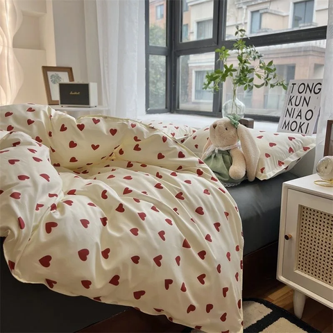 Sonicelife Korean Red Heart Bedding Set No Filler Twin Queen Duvet Cover Flat Sheet Pillowcase Girls Adults Fashion Floral Home Textile